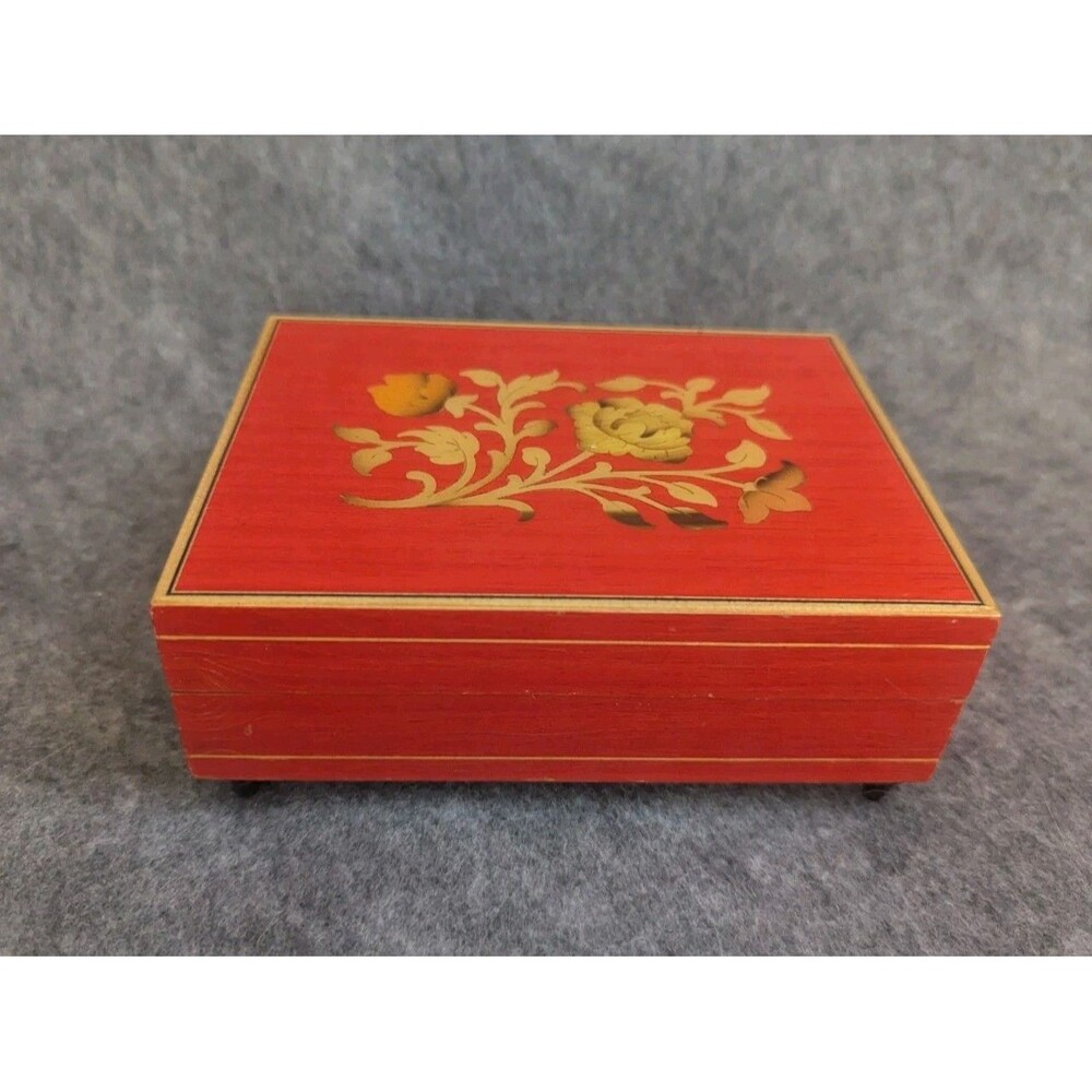 Vintage  Red Wood Inlay Jewelry Box Made In Italy
